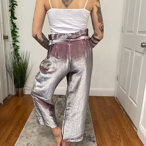 Badgley Mischka Metallic Cropped Trousers Pants Tie-Waist Size 2 Gray - Picture 5 of 8